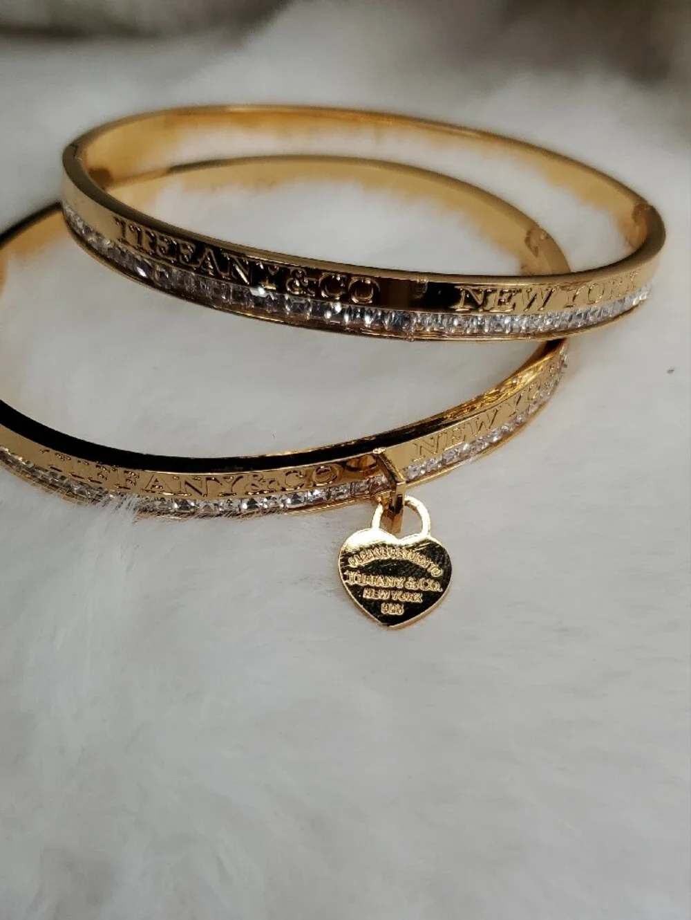 Fashion Jewelry Tiff  Gold-Tone Crystal Bangle Bracelets with Heart Charm